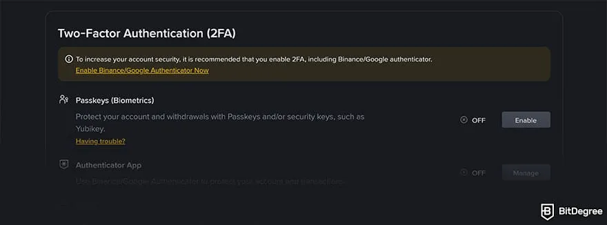 Binance Review: Binance 2FA settings with passkey and uthenticator options.
