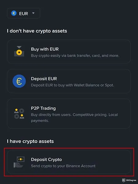 Binance Review: Choose a cryptocurrency to deposit.