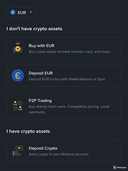Binance Review: Choose a deposit type.
