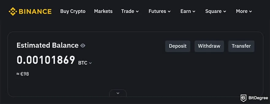 Binance Review: Estimated wallet balance.