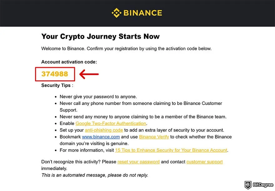 Binance Review: verification e-mail.