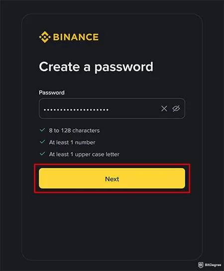 Binance Review: create a password.