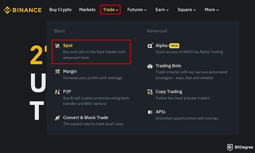 Binance Review: In the Trade menu, selecting the Spot tab.