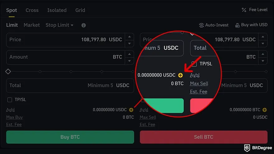 Binance Review: Deposit USDC to buy Bitcoin.