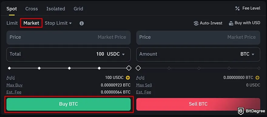 Binance Review: choose an order type.